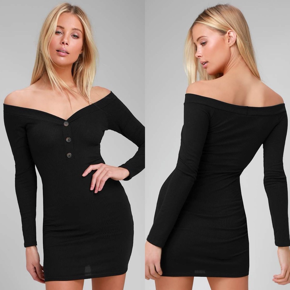 Lulus | Avina Black Ribbed Off-the-Shoulder Bodycon Mini Dress